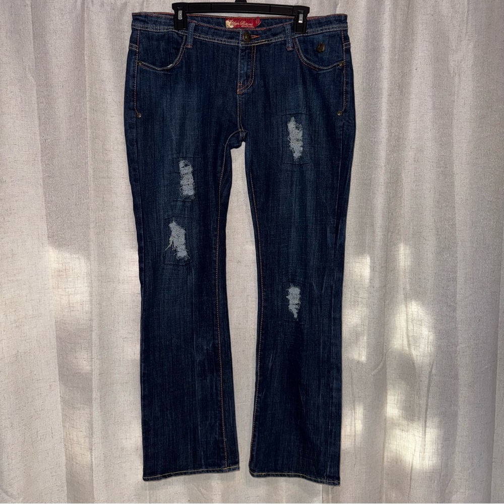Vintage Apple Bottoms Distressed Denim size 13/14 Low Rise Stretch colored stich